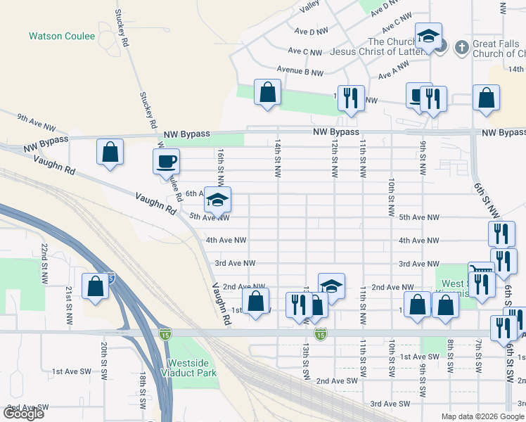 map of restaurants, bars, coffee shops, grocery stores, and more near 1426 5th Avenue Northwest in Great Falls