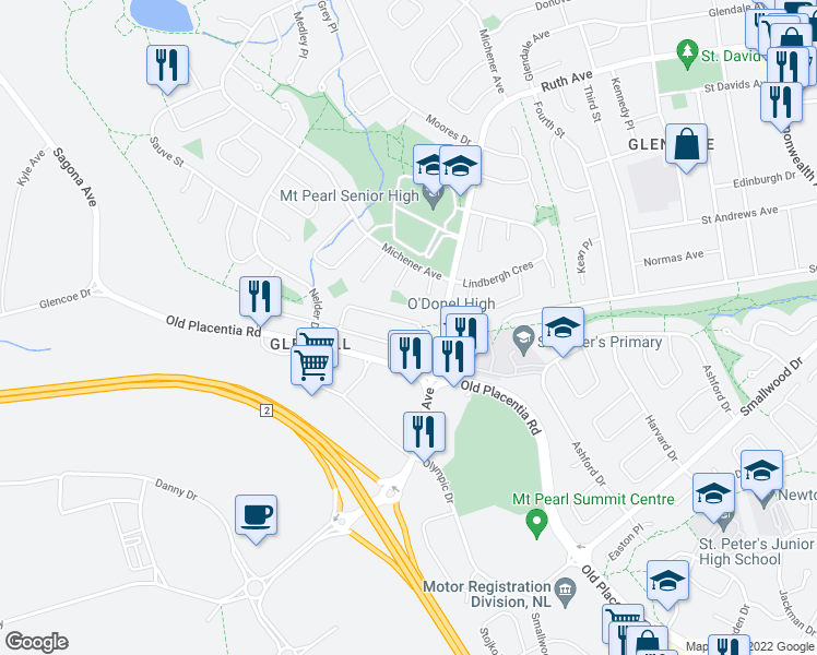 map of restaurants, bars, coffee shops, grocery stores, and more near 31 O'Flaherty Crescent in Mount Pearl