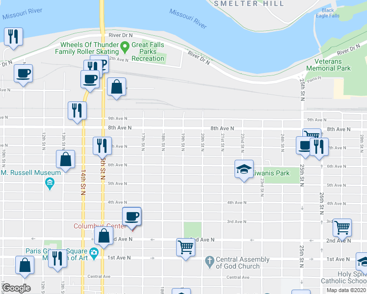 map of restaurants, bars, coffee shops, grocery stores, and more near 699 19th Street North in Great Falls