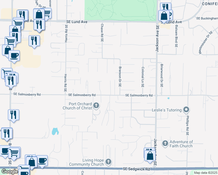map of restaurants, bars, coffee shops, grocery stores, and more near 2723 Southeast Salmonberry Road in Port Orchard