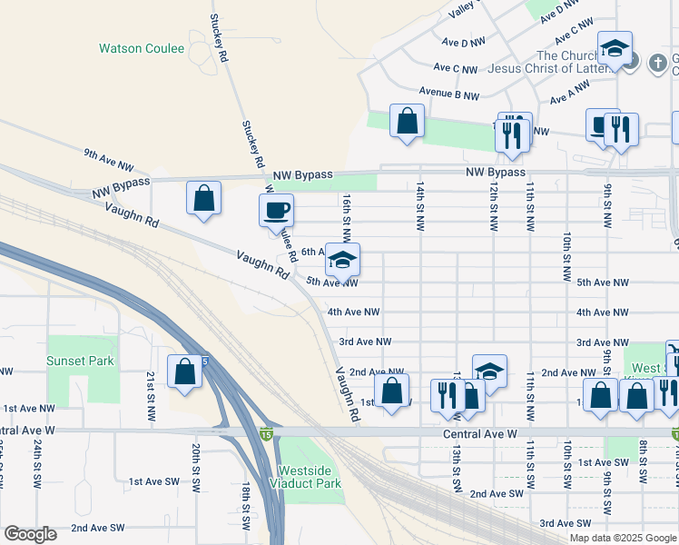 map of restaurants, bars, coffee shops, grocery stores, and more near 1617 5th Ave NW in Great Falls