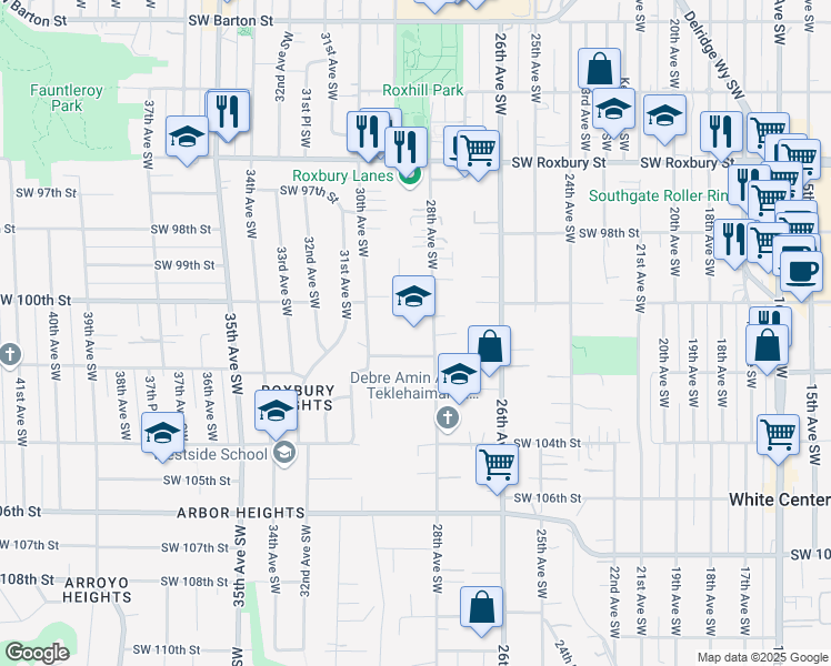 map of restaurants, bars, coffee shops, grocery stores, and more near 10034 28th Avenue Southwest in Seattle