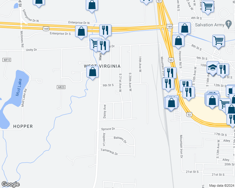 map of restaurants, bars, coffee shops, grocery stores, and more near 5431 South 21st Avenue West in Virginia