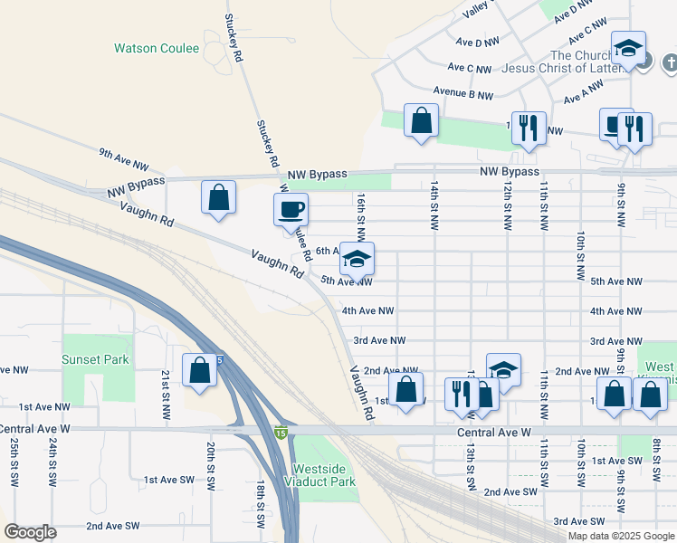 map of restaurants, bars, coffee shops, grocery stores, and more near 1617 5th Avenue Northwest in Great Falls