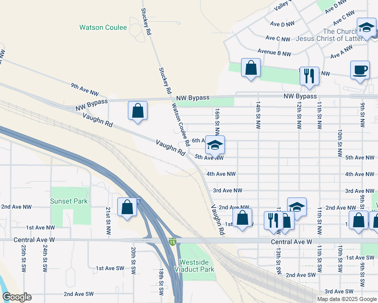 map of restaurants, bars, coffee shops, grocery stores, and more near 5th Avenue Northwest in Great Falls