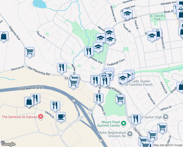map of restaurants, bars, coffee shops, grocery stores, and more near 37 O'Flaherty Crescent in Mount Pearl
