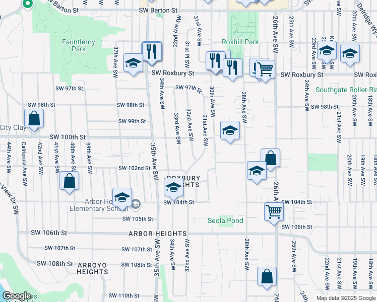 map of restaurants, bars, coffee shops, grocery stores, and more near 10105 32nd Avenue Southwest in Seattle