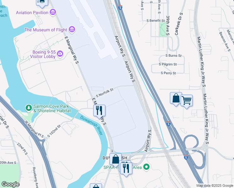 map of restaurants, bars, coffee shops, grocery stores, and more near 3201 South Norfolk Street in Seattle
