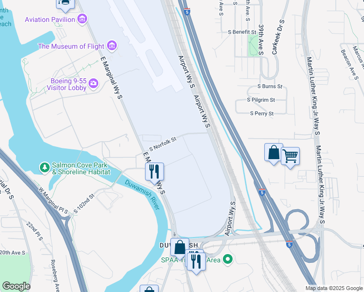 map of restaurants, bars, coffee shops, grocery stores, and more near 3201 South Norfolk Street in Seattle