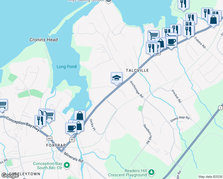 map of restaurants, bars, coffee shops, grocery stores, and more near 53 Perrins Road in Conception Bay South
