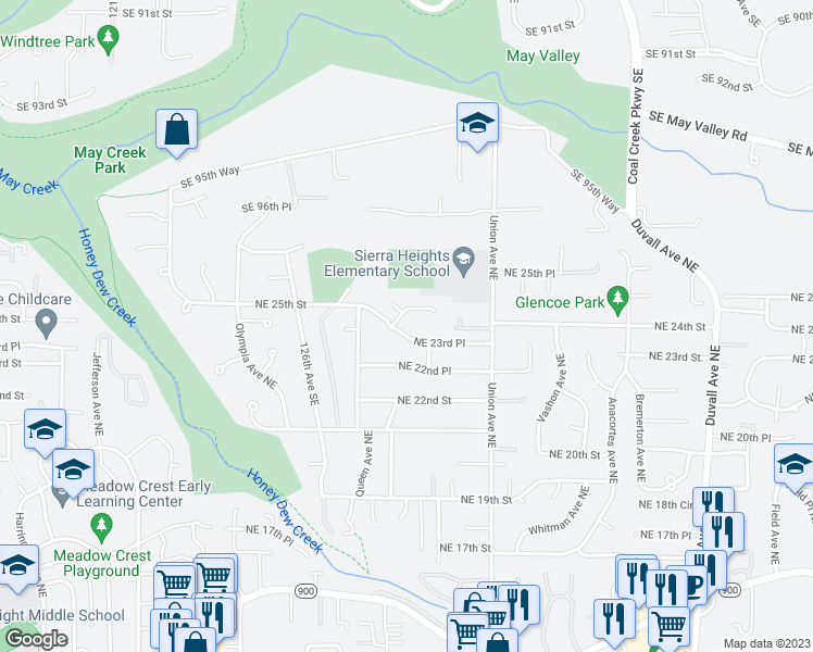 map of restaurants, bars, coffee shops, grocery stores, and more near 3830 Northeast 23rd Street in Renton