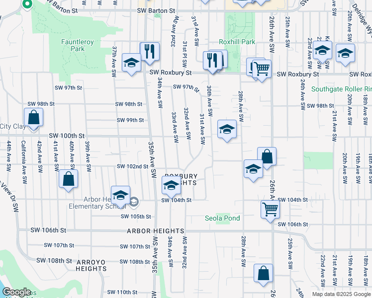 map of restaurants, bars, coffee shops, grocery stores, and more near 10105 32nd Avenue Southwest in Seattle