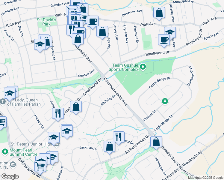 map of restaurants, bars, coffee shops, grocery stores, and more near 98 Commonwealth Avenue in Mount Pearl