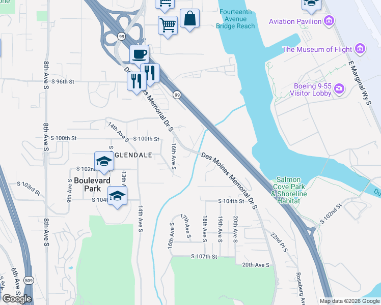 map of restaurants, bars, coffee shops, grocery stores, and more near 11539 17th Place South in Tukwila