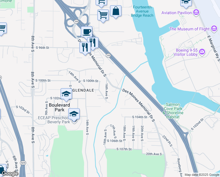 map of restaurants, bars, coffee shops, grocery stores, and more near 10039 Des Moines Memorial Drive South in Seattle