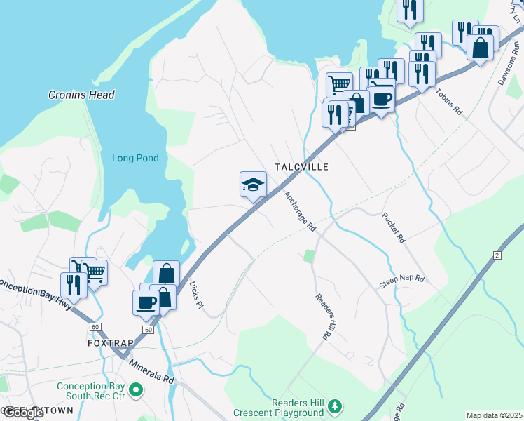 map of restaurants, bars, coffee shops, grocery stores, and more near 255 Conception Bay Highway in Conception Bay South