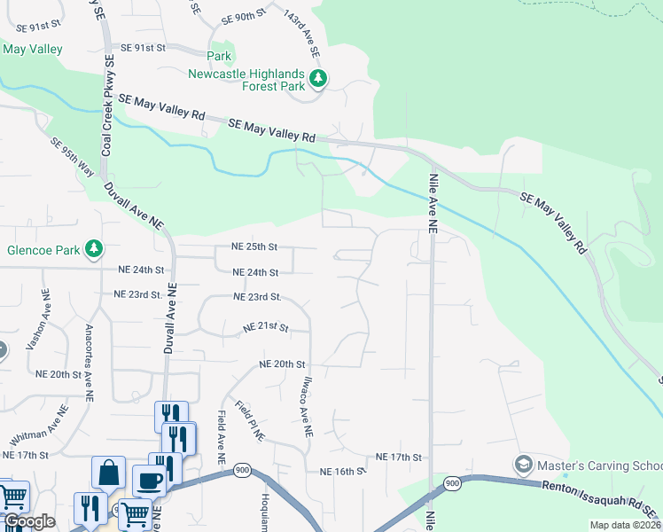 map of restaurants, bars, coffee shops, grocery stores, and more near 5305 Northeast 24th Court in Renton