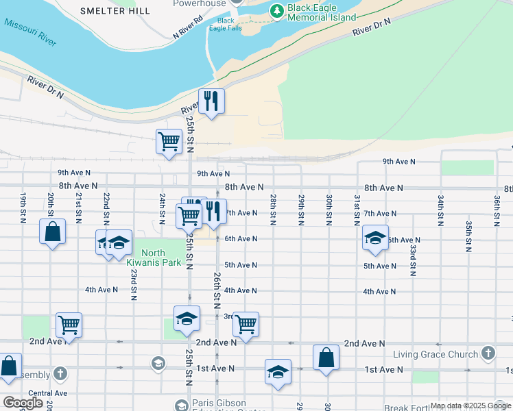map of restaurants, bars, coffee shops, grocery stores, and more near 2722 7th Avenue North in Great Falls