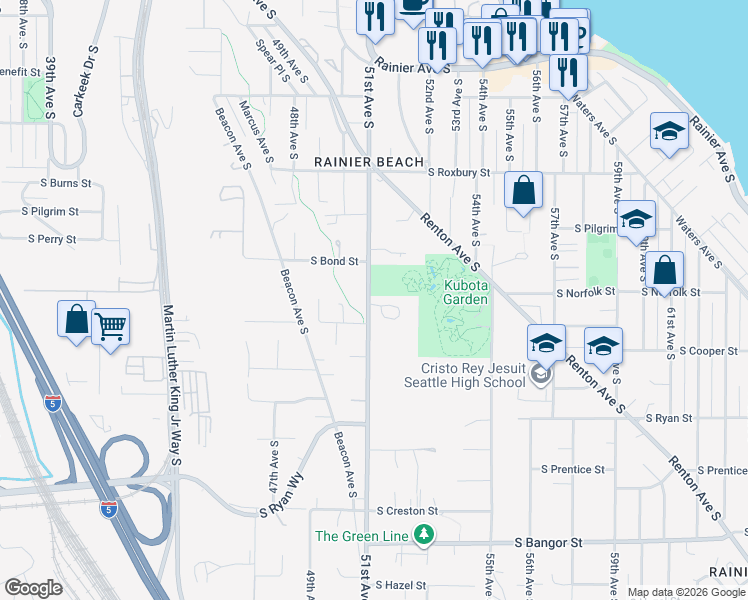map of restaurants, bars, coffee shops, grocery stores, and more near 5120 South Garden Loop Road in Seattle