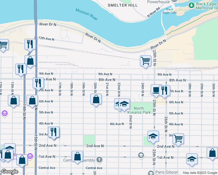 map of restaurants, bars, coffee shops, grocery stores, and more near 2101 6th Avenue North in Great Falls