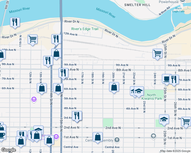 map of restaurants, bars, coffee shops, grocery stores, and more near 613-617 18th Street North in Great Falls