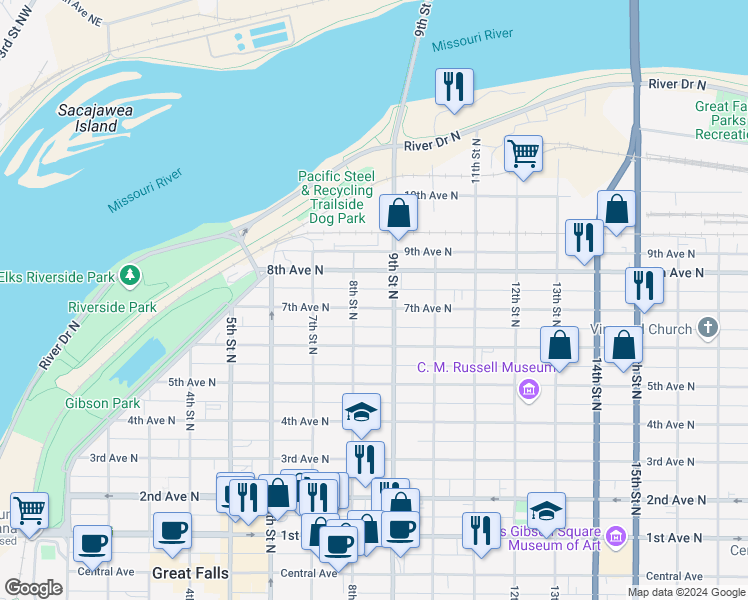 map of restaurants, bars, coffee shops, grocery stores, and more near 820 7th Ave N in Great Falls