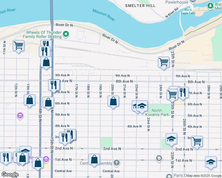 map of restaurants, bars, coffee shops, grocery stores, and more near 616 20th Street North in Great Falls