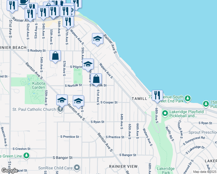 map of restaurants, bars, coffee shops, grocery stores, and more near 9827 62nd Avenue South in Seattle