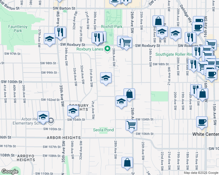 map of restaurants, bars, coffee shops, grocery stores, and more near 10015 28th Avenue Southwest in Seattle