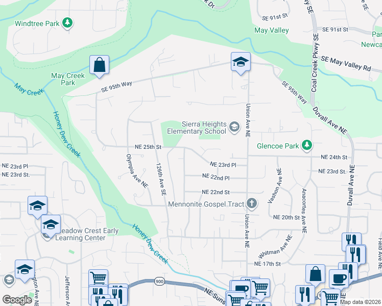 map of restaurants, bars, coffee shops, grocery stores, and more near 3709 Northeast 24th Street in Renton