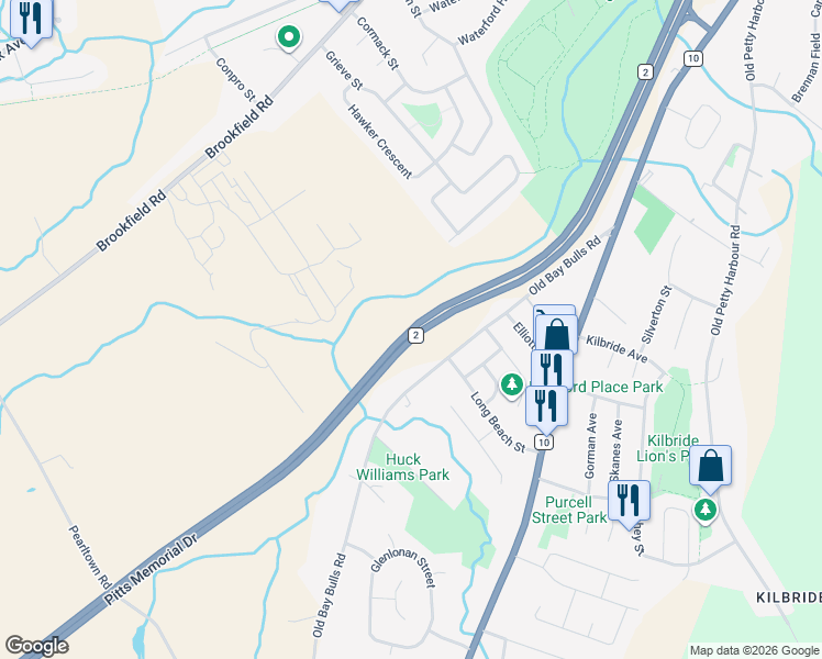 map of restaurants, bars, coffee shops, grocery stores, and more near Pitts Memorial Drive in St. John's
