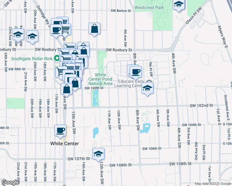 map of restaurants, bars, coffee shops, grocery stores, and more near 10015 10th Avenue Southwest in Seattle