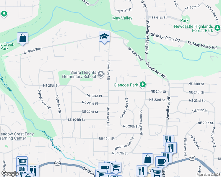 map of restaurants, bars, coffee shops, grocery stores, and more near 2504 Union Avenue Northeast in Renton