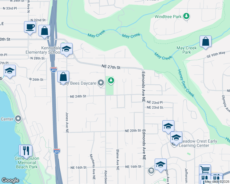 map of restaurants, bars, coffee shops, grocery stores, and more near 2200 Northeast 24th Street in Renton