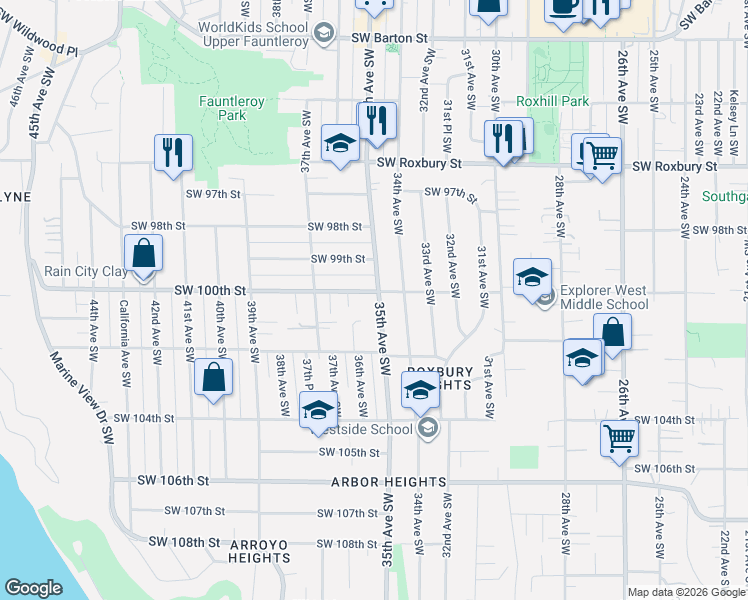 map of restaurants, bars, coffee shops, grocery stores, and more near 3418 Southwest 100th Street in Seattle