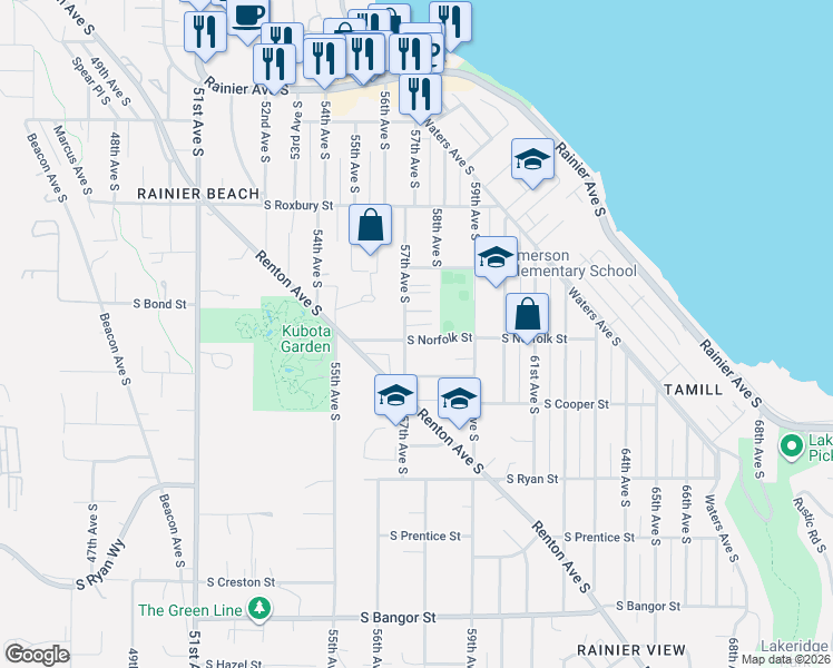 map of restaurants, bars, coffee shops, grocery stores, and more near 9732 57th Avenue South in Seattle