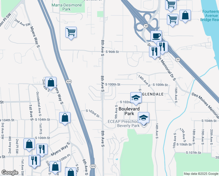 map of restaurants, bars, coffee shops, grocery stores, and more near 824 South 100th Street in Seattle