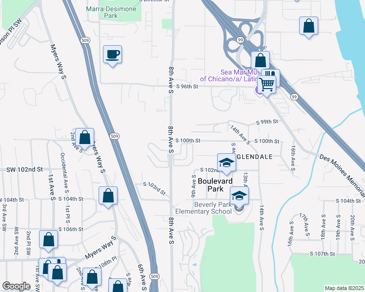 map of restaurants, bars, coffee shops, grocery stores, and more near 10102 8th Avenue South in Seattle