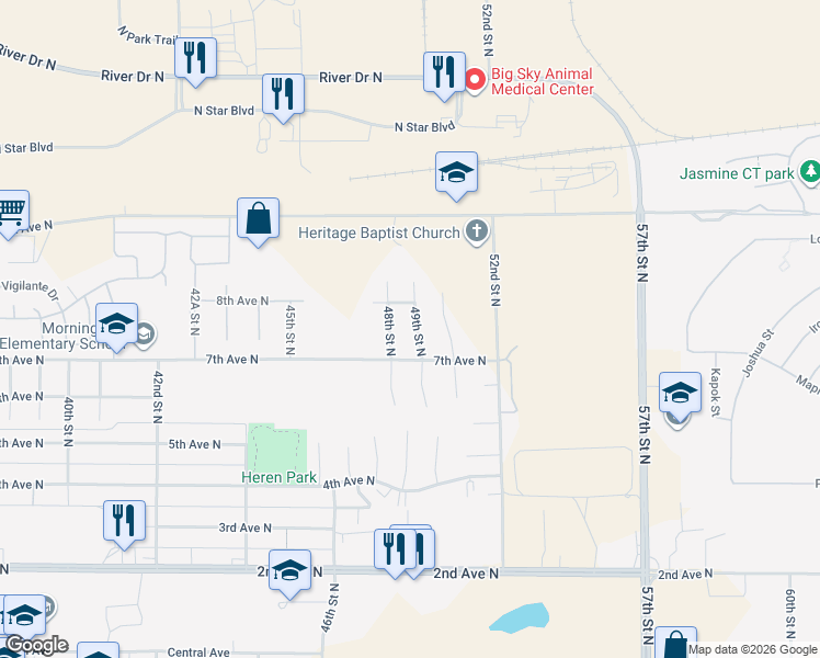 map of restaurants, bars, coffee shops, grocery stores, and more near 732 49th Street North in Great Falls