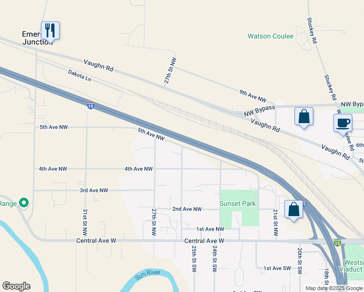 map of restaurants, bars, coffee shops, grocery stores, and more near 2600 5th Avenue Northwest in Great Falls