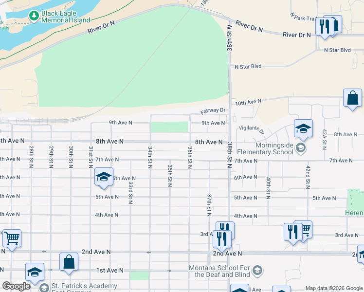 map of restaurants, bars, coffee shops, grocery stores, and more near 3441 8th Avenue North in Great Falls