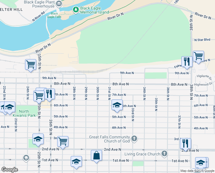 map of restaurants, bars, coffee shops, grocery stores, and more near 3105 8th Avenue North in Great Falls