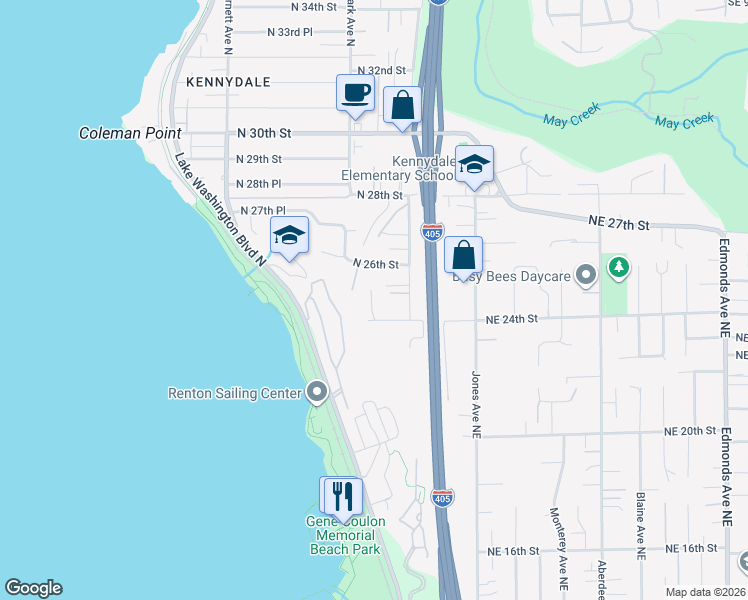 map of restaurants, bars, coffee shops, grocery stores, and more near 2501 Meadow Avenue North in Renton