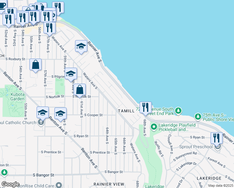 map of restaurants, bars, coffee shops, grocery stores, and more near 9827 Rainier Avenue South in Seattle