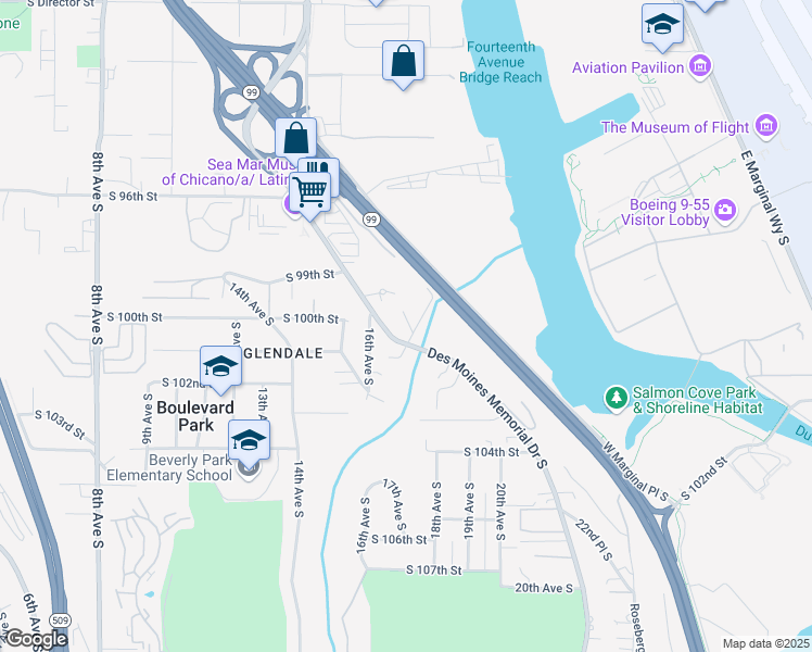 map of restaurants, bars, coffee shops, grocery stores, and more near 10002 Des Moines Memorial Drive in Seattle