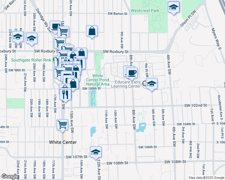 map of restaurants, bars, coffee shops, grocery stores, and more near 10003 10th Avenue Southwest in Seattle