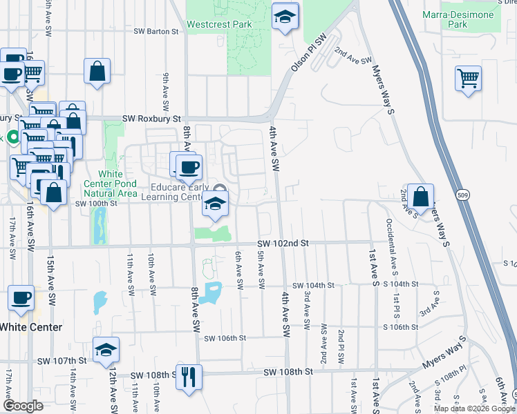 map of restaurants, bars, coffee shops, grocery stores, and more near 9928 6th Avenue Southwest in Seattle