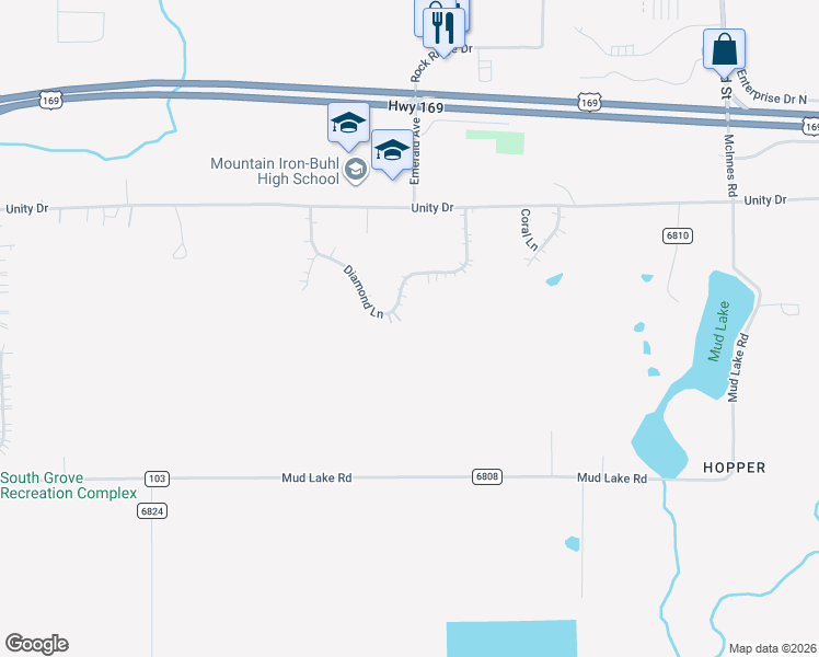 map of restaurants, bars, coffee shops, grocery stores, and more near 5474 Diamond Lane in Mountain Iron
