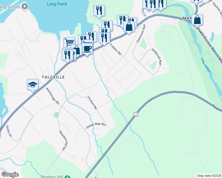 map of restaurants, bars, coffee shops, grocery stores, and more near 62 Hickory Place in Conception Bay South