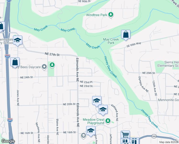 map of restaurants, bars, coffee shops, grocery stores, and more near 2615 Northeast 25th Street in Renton